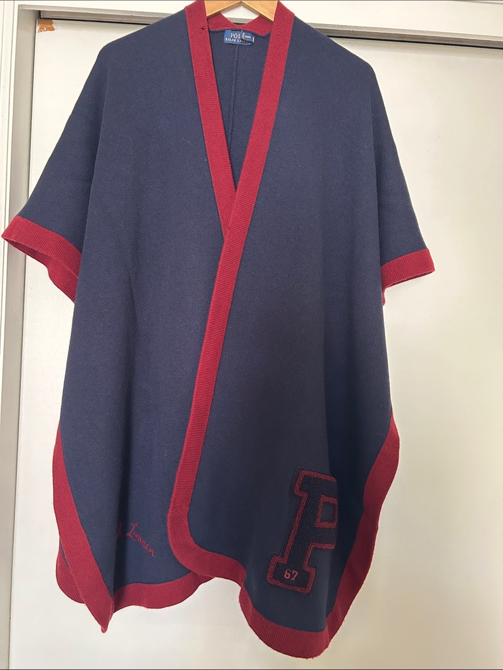 Polo by Ralph Lauren Navy Cardigan Poncho with Burgundy Trim
